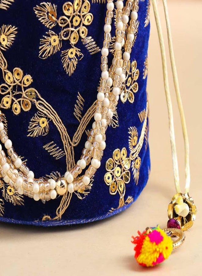 Floweraura Handcrafted Deep Blue Golden Embroidered Pearl Potli Bag for Diwali Gift, Karwa Chauth Gift & Gift for Wife, Sister, Mother, Friends, Colleagues, Girlfriend - Image 2